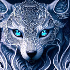 Mystical blue wolf with intricate white patterns and blue eyes