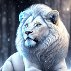 White lion with blue eyes in snowy landscape with falling snowflakes