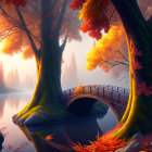 Tranquil river bridge in vibrant autumn forest