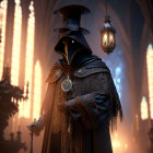 Cloaked figure with plague doctor mask in Gothic cathedral