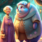 Elderly animated characters in glowing forest with curious creature