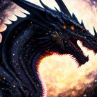 Black dragon with pink glowing mouth, gold accents, cosmic background