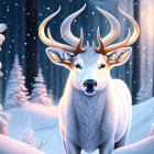 Majestic white stag with intricate antlers in snowy forest