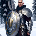 Silver-armored knight with frost shield in snowy forest.