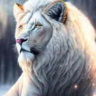 White lion with blue eyes in snowy scene