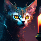 Mystical cat with glowing eyes and ornate headpiece beside candle and blue smoke