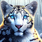 Vivid Snow Leopard Illustration with Blue Eyes in Falling Snowflakes