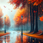 Autumn scene with wet path, vintage lamps, red & orange trees in rain