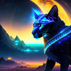 Neon-lit cyborg cat in fantasy landscape with glowing pyramids