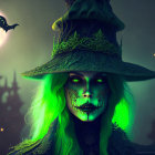 Mystical witch with green skin and moon backdrop