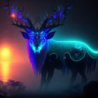 Mystical stag with glowing antlers at sunset in blue and orange palette