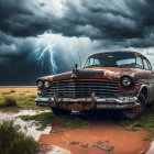 Abandoned vintage car in muddy field under stormy skies