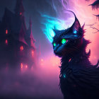 Black Cat with Green Eyes and Blue Aura in Front of Spooky Castle