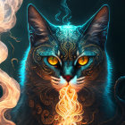 Mystical cat with glowing green eyes and ornate blue patterns in dark setting