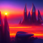 Surreal landscape with crystal-like structures under vivid sunset sky