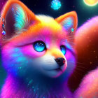 Colorful Cosmic Nebula Fox with Glowing Eyes and Bubbles