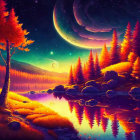 Vibrant fantasy night landscape with large moon, luminous autumn trees, reflective lake, and twink