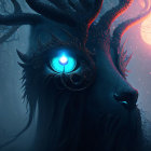 Mystical creature with blue eye, ornate mask, and horns in dreamy forest