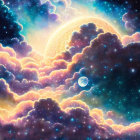 Colorful cosmic scene with pink and orange clouds, crescent moon, stars, and distant planet.