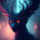 Mystical creature with ornate antlers and glowing red eyes in misty blue forest