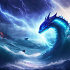 Enormous blue sea monster emerges in stormy ocean with lightning-filled sky