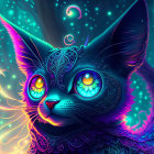 Vibrant digital artwork: Mystical cat with luminous eyes and intricate patterns