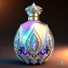 Fantasy perfume bottle with glowing essence, jewels, metallic leaf patterns