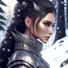 Fantasy female warrior digital artwork with horned headgear and silver armor in snowy forest.