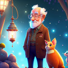 Elderly man with white beard, glasses, warm coat, orange cat, and blue creature by