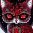 Detailed Stylized Red and Black Cat Illustration with Cosmic Background