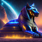 Digital artwork: Ancient Egyptian sphinx under starry sky with comet, pyramids, mountains