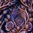 Vibrant Purple Roses and Bronze Thorns Artwork on Dark Background