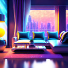 Modern Living Room with Neon Cityscape View and Blue Sofas