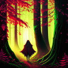 Enchanting forest scene: red foliage, green glow, hooded figure by path.