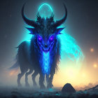 Mystical bull-like creature with glowing blue eyes and ornate horns in cosmic night scene