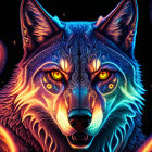 Colorful wolf digital art with tribal patterns and neon flames