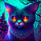 Blue-Furred Cat with Orange Eyes in Enchanted Forest Scene