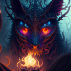 Intricate mythical creature with glowing eyes and ornate horns in fiery, mystical setting