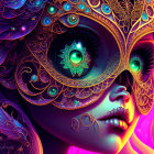 Colorful Woman with Ornate Masquerade Mask on Purple Background