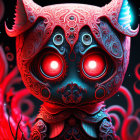 Detailed Stylized Cat Illustration with Red and Black Patterns