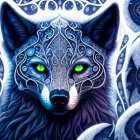 Mystic wolf digital artwork with blue and white patterns and green eyes