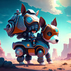 Futuristic armored character on mechanical dog in desert landscape