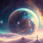 Person in dress on snowy landscape with cosmic backdrop featuring large radiant planet and stars.