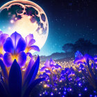 Vibrant purple flowers under detailed moon in starry night scene