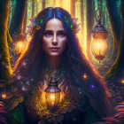 Mystical woman with elaborate headdress in enchanted forest setting