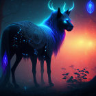 Blue mystical wolf with glowing markings and antlers in magical forest