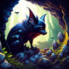 Blue bat-like creature in cave with glowing yellow light