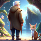 Elderly person and orange cat in magical forest with dragon and glowing trees