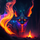 Elaborate patterned mystical cat with glowing eyes and antlers in dark fantasy scene