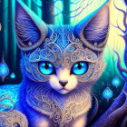 Intricate blue cat illustration in enchanted forest